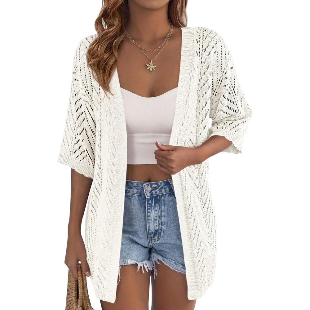 imagePRETTYGARDEN Womens Lightweight Summer Cardigans 2026 Short Sleeve Knit Crochet Coverups Spring Boho Beach Vacation ClothesWhite