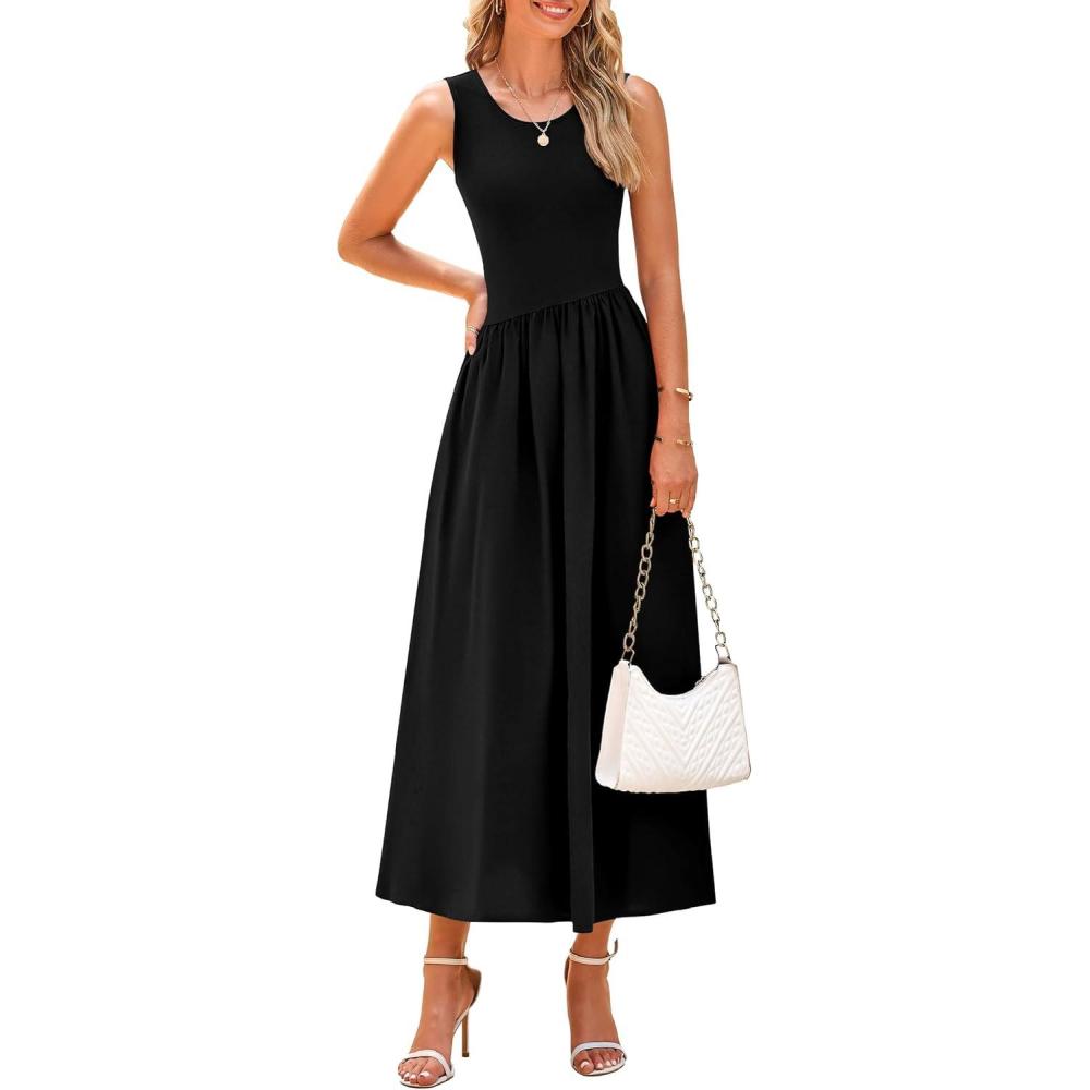 imagePRETTYGARDEN Womens Maxi Sundress Casual Summer 2025 Sleeveless Asymmetrical Drop Waist Patchwork Long Flowy Tank DressesBlack