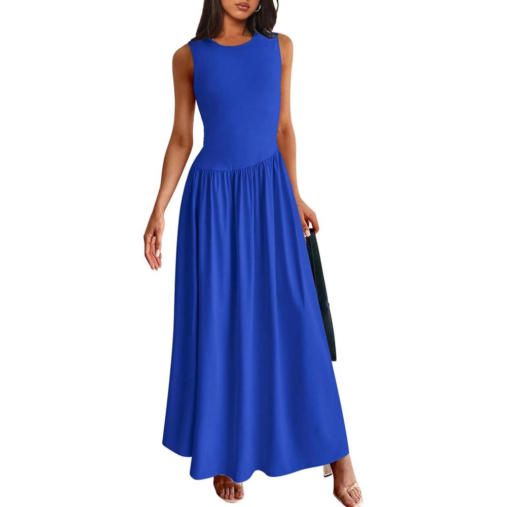 imagePRETTYGARDEN Womens Maxi Sundress Casual Summer 2025 Sleeveless Asymmetrical Drop Waist Patchwork Long Flowy Tank DressesBlue