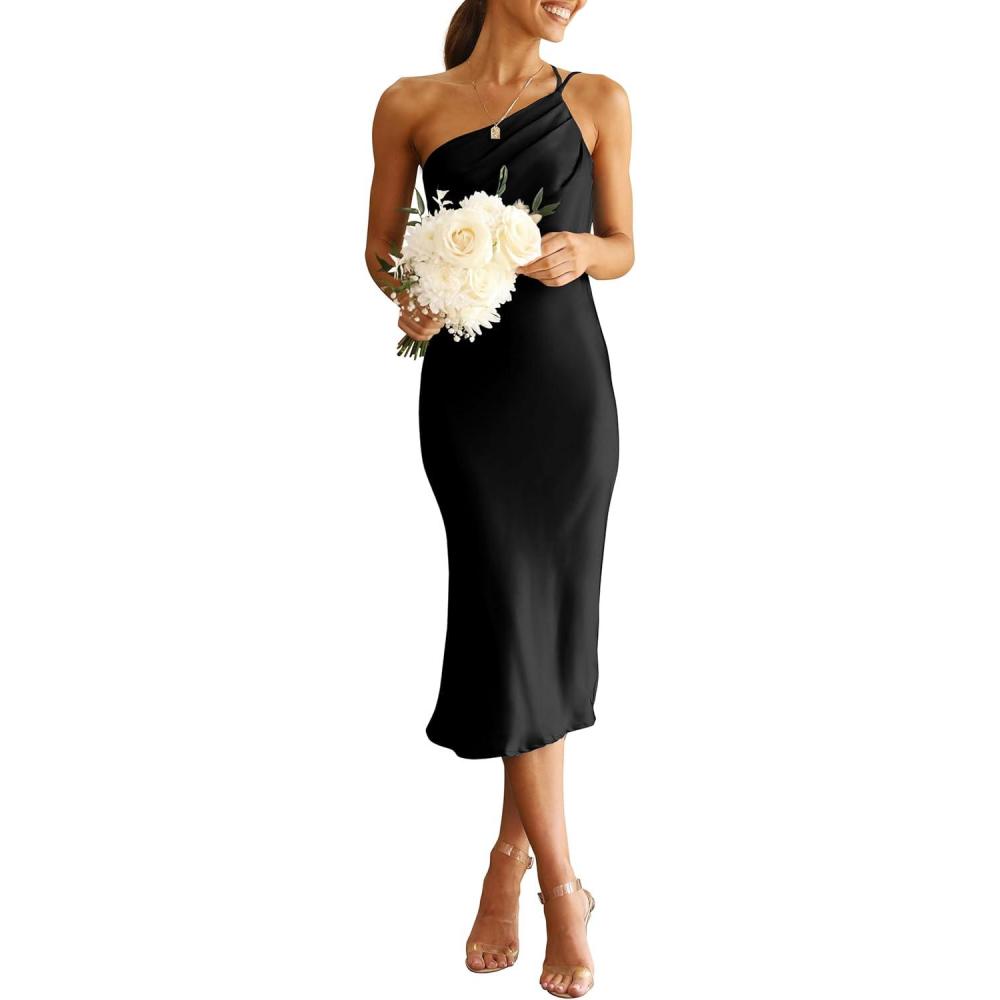 imagePRETTYGARDEN Womens Midi Satin Dress One Shoulder Spaghetti Strap Backless Ruched Summer Bodycon DressesBlack