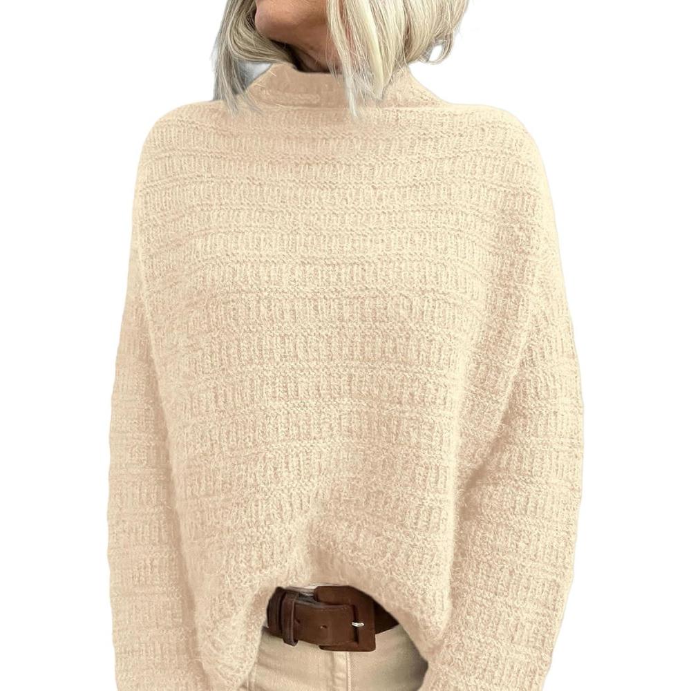 imagePRETTYGARDEN Womens Mock Neck Oversized Sweaters 2026 Long Sleeve Pullover Fall Sweater Knit Jumper Tops Winter ClothingBeige