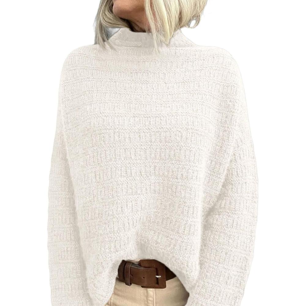 imagePRETTYGARDEN Womens Mock Neck Oversized Sweaters 2026 Long Sleeve Pullover Fall Sweater Knit Jumper Tops Winter ClothingWhite