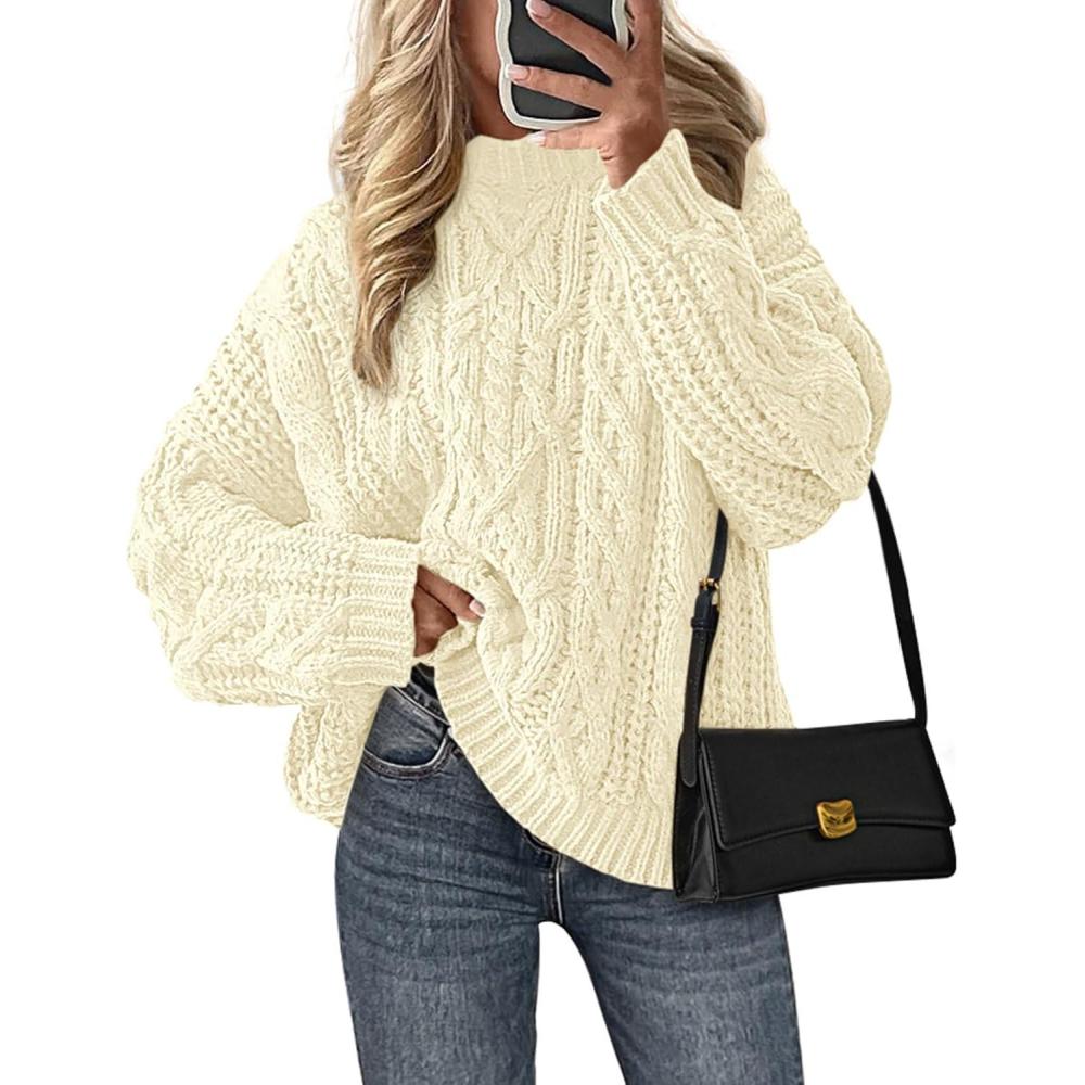 imagePRETTYGARDEN Womens Oversized Fall Sweaters 2026 Casual Long Sleeve Crewneck Chunky Cable Knit Pullover Tops Winter ClothesBeige