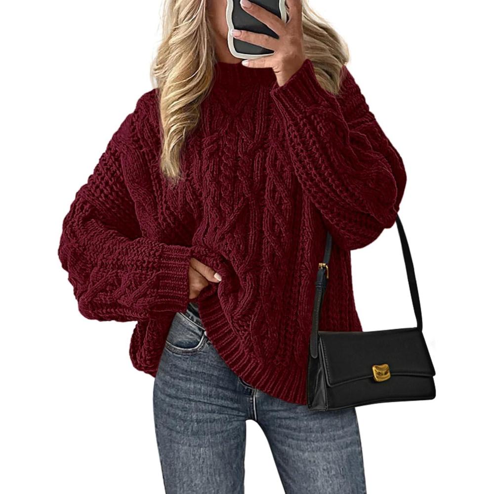 imagePRETTYGARDEN Womens Oversized Fall Sweaters 2026 Casual Long Sleeve Crewneck Chunky Cable Knit Pullover Tops Winter ClothesBurgundy