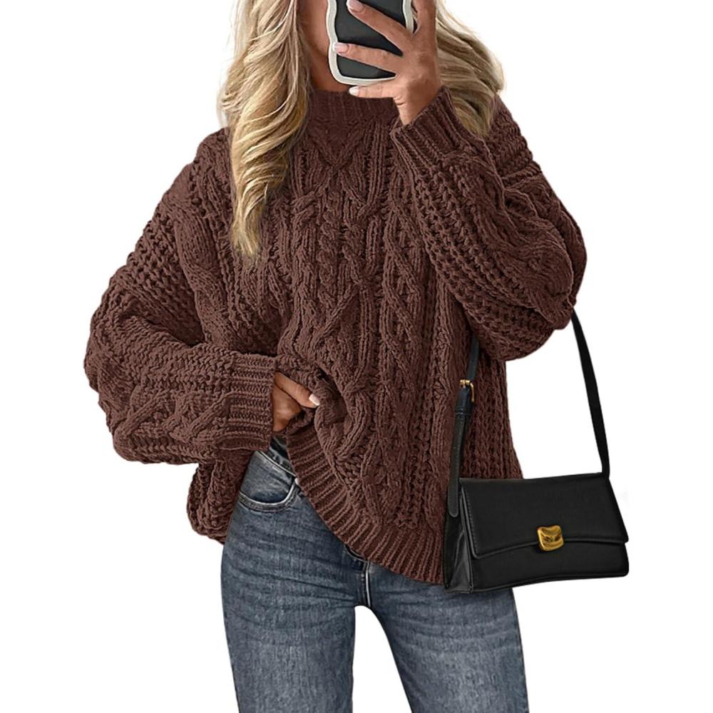 imagePRETTYGARDEN Womens Oversized Fall Sweaters 2026 Casual Long Sleeve Crewneck Chunky Cable Knit Pullover Tops Winter ClothesCoffee