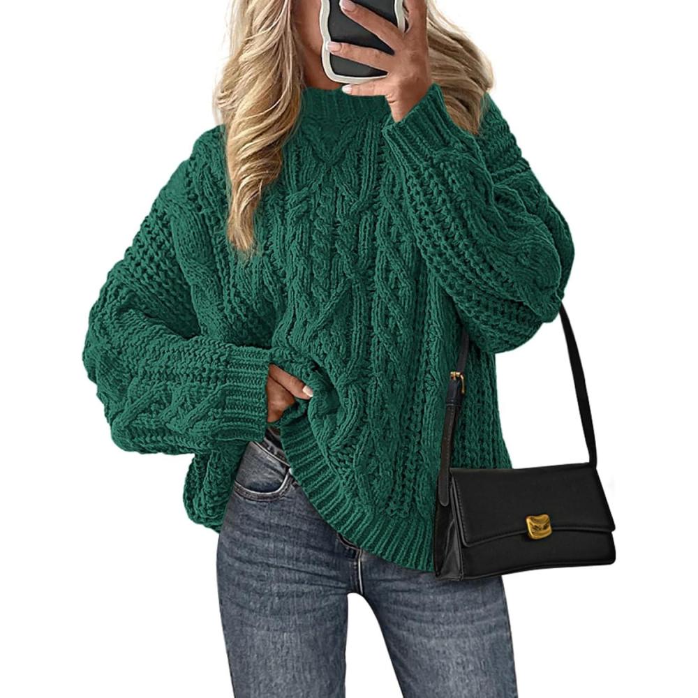 imagePRETTYGARDEN Womens Oversized Fall Sweaters 2026 Casual Long Sleeve Crewneck Chunky Cable Knit Pullover Tops Winter ClothesGreen