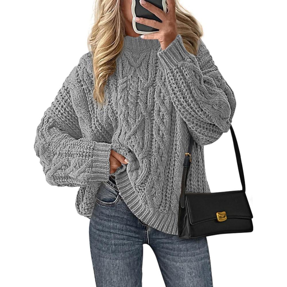 imagePRETTYGARDEN Womens Oversized Fall Sweaters 2026 Casual Long Sleeve Crewneck Chunky Cable Knit Pullover Tops Winter ClothesGrey