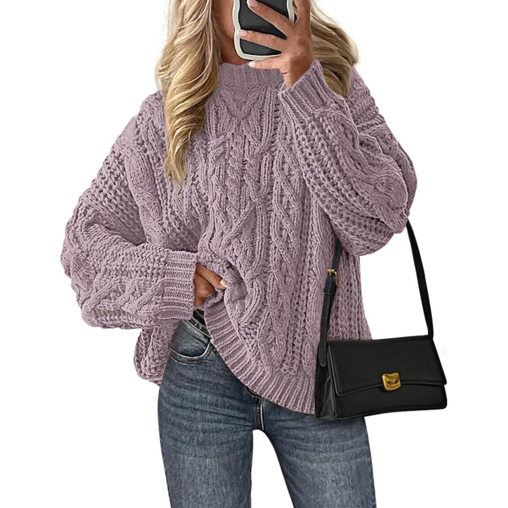 imagePRETTYGARDEN Womens Oversized Fall Sweaters 2026 Casual Long Sleeve Crewneck Chunky Cable Knit Pullover Tops Winter ClothesLight Purple