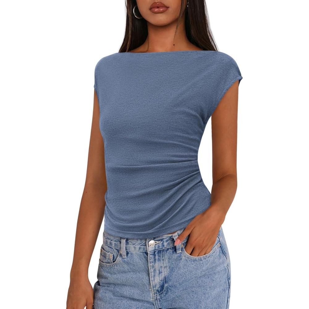 imagePRETTYGARDEN Womens Ruched Crop Tank Tops 2025 Summer Trendy Cap Sleeve Ribbed Knit Basic Fitted Going Out Tee ShirtsGrey Blue
