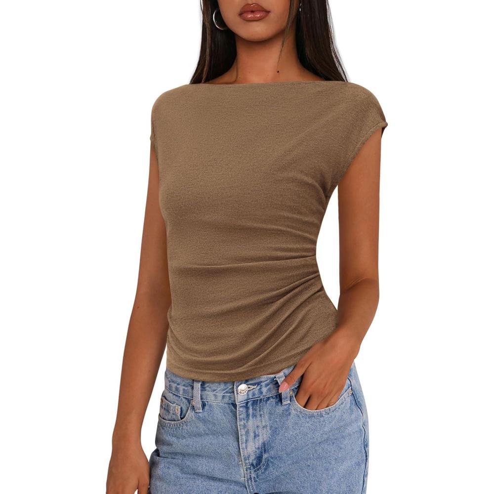 imagePRETTYGARDEN Womens Ruched Crop Tank Tops 2025 Summer Trendy Cap Sleeve Ribbed Knit Basic Fitted Going Out Tee ShirtsLight Khaki