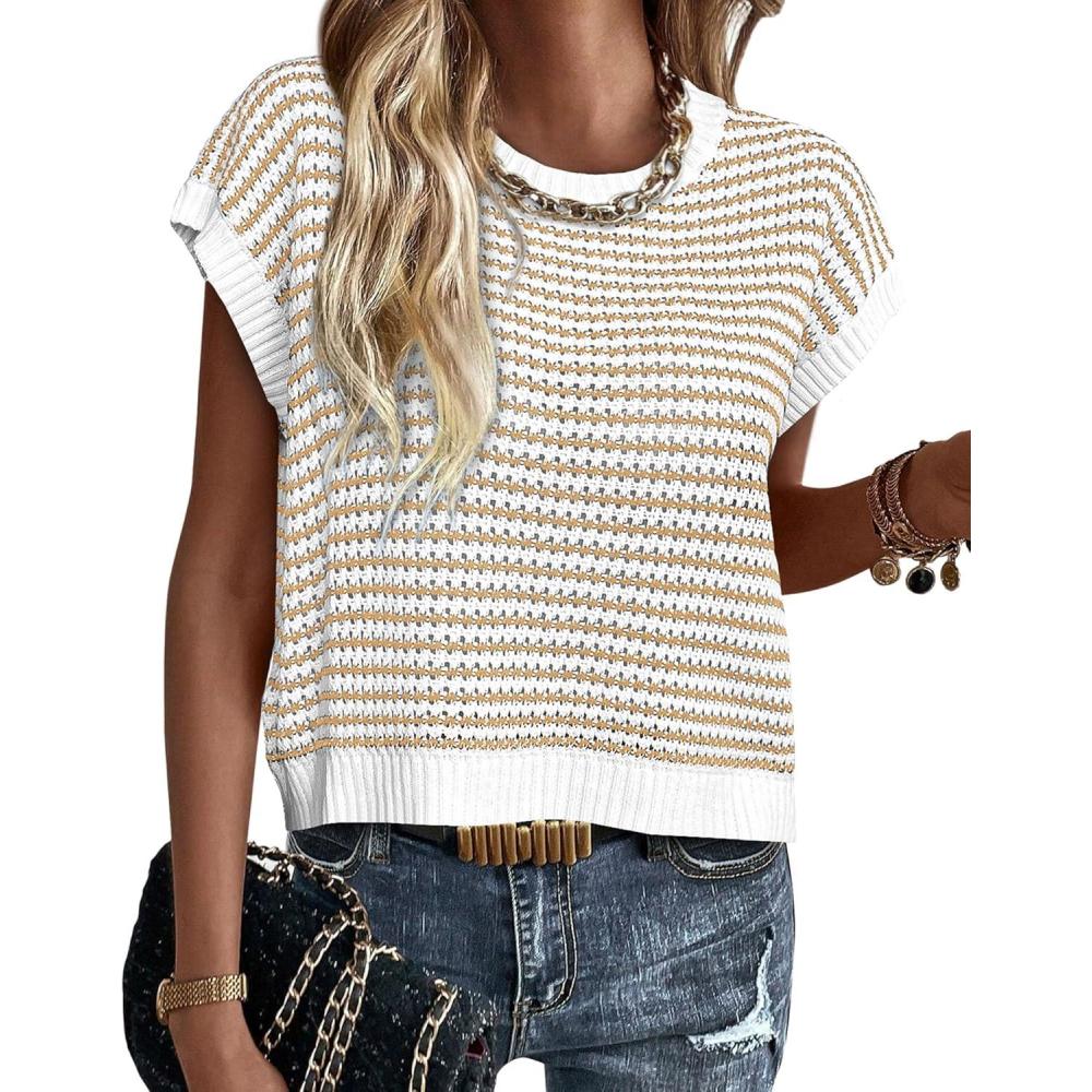 imagePRETTYGARDEN Womens Short Sleeve Sweater Spring Summer 2026 Round Neck Striped Pullover Cap Sleeve Knit Sweater Vest TopsApricot