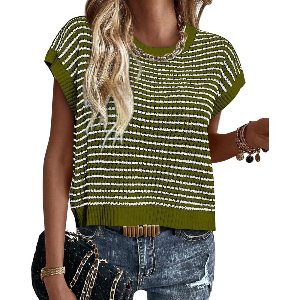 imagePRETTYGARDEN Womens Short Sleeve Sweater Spring Summer 2026 Round Neck Striped Pullover Cap Sleeve Knit Sweater Vest TopsArmy Green
