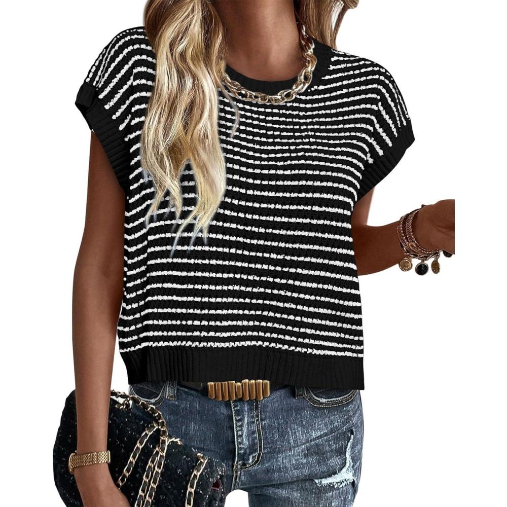 imagePRETTYGARDEN Womens Short Sleeve Sweater Spring Summer 2026 Round Neck Striped Pullover Cap Sleeve Knit Sweater Vest TopsBlack