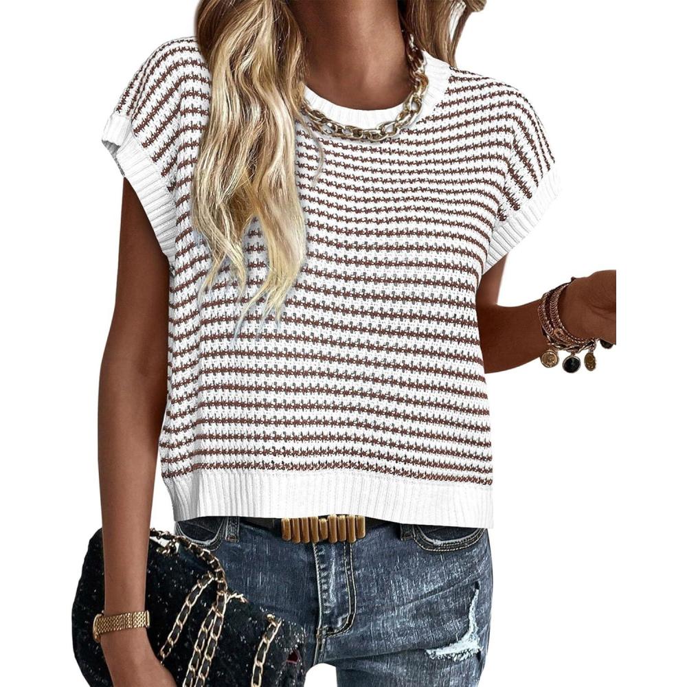 imagePRETTYGARDEN Womens Short Sleeve Sweater Spring Summer 2026 Round Neck Striped Pullover Cap Sleeve Knit Sweater Vest TopsBrown