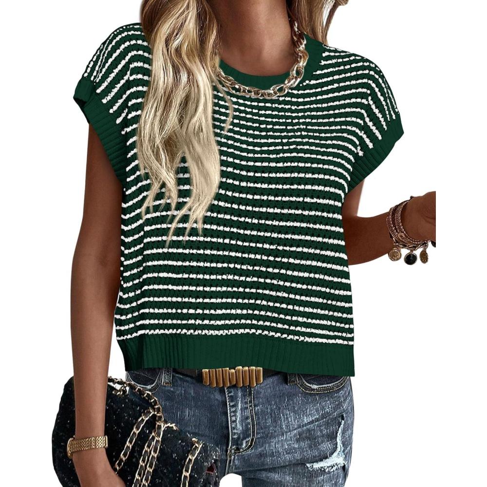 imagePRETTYGARDEN Womens Short Sleeve Sweater Spring Summer 2026 Round Neck Striped Pullover Cap Sleeve Knit Sweater Vest TopsDark Green