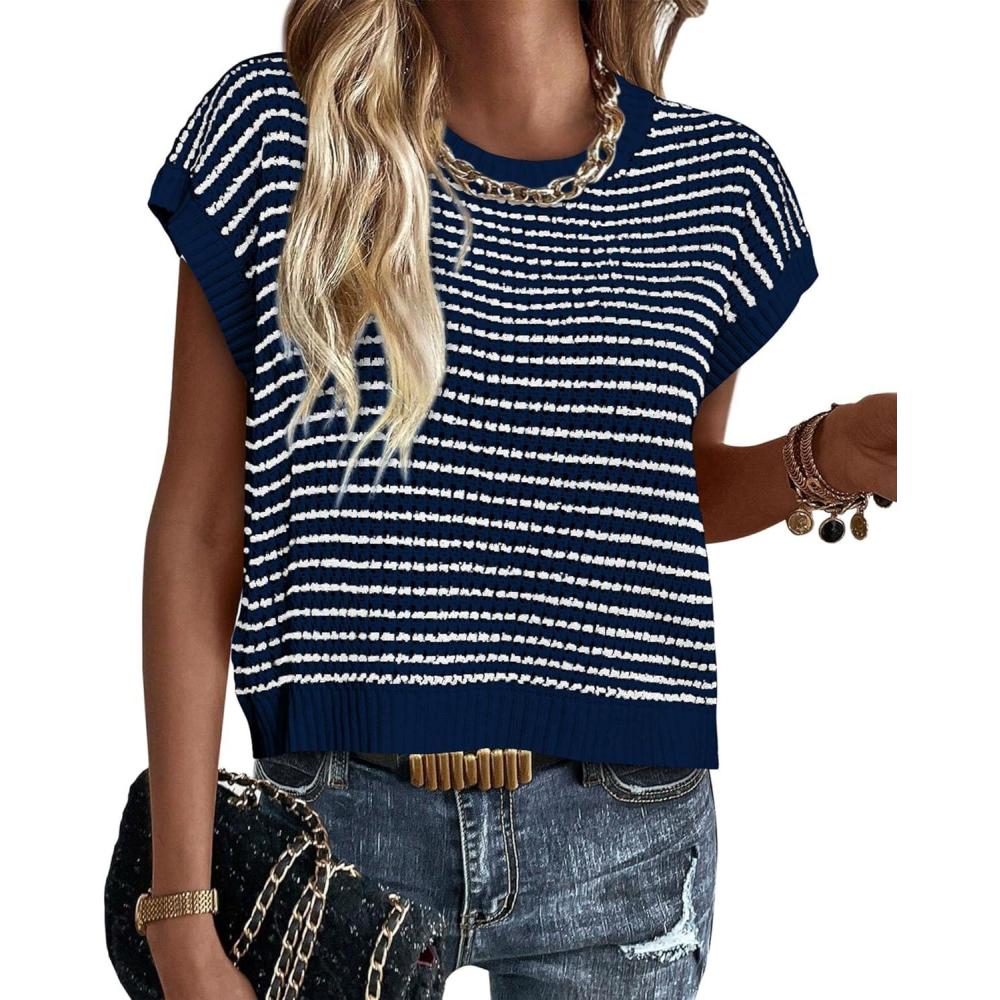 imagePRETTYGARDEN Womens Short Sleeve Sweater Spring Summer 2026 Round Neck Striped Pullover Cap Sleeve Knit Sweater Vest TopsNavy