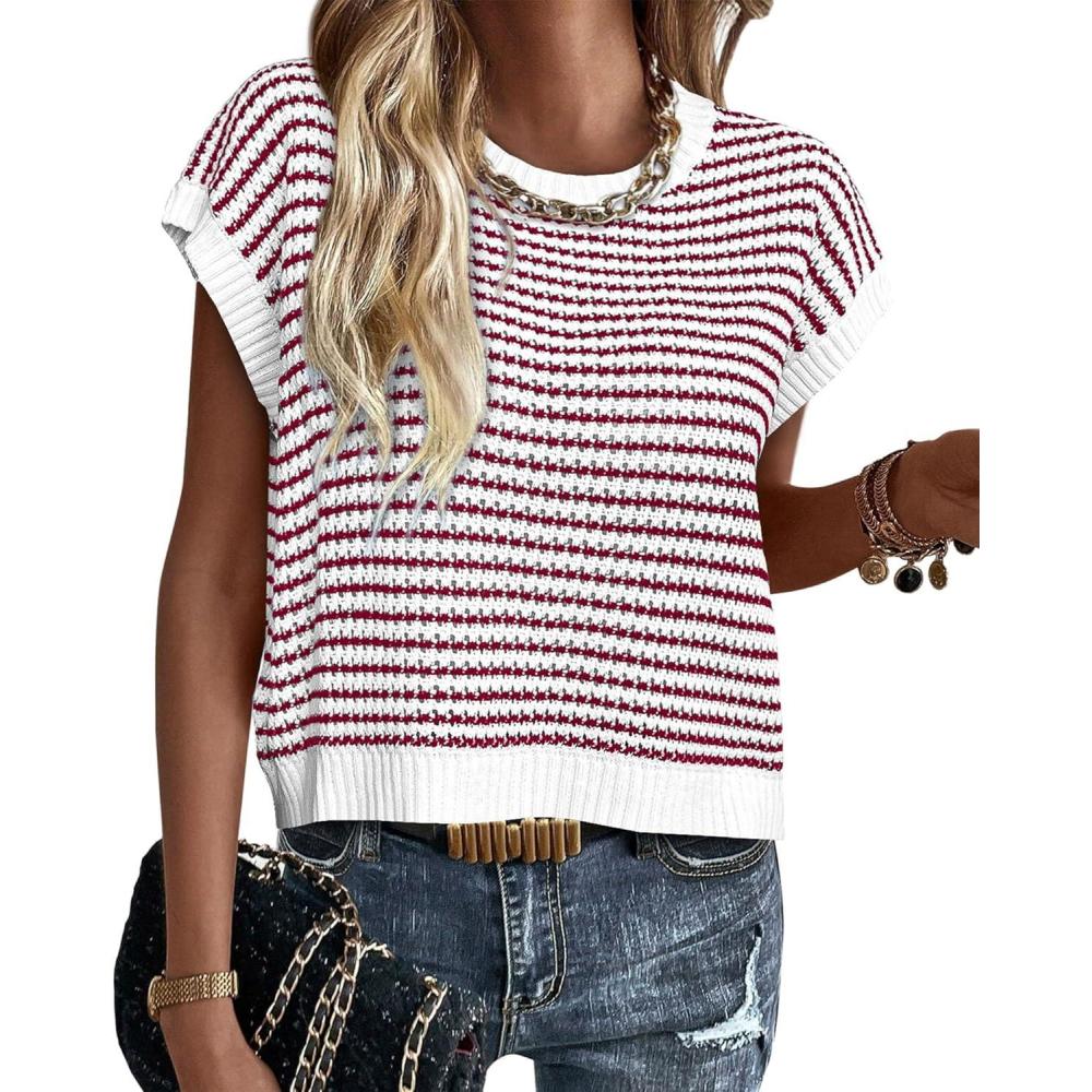 imagePRETTYGARDEN Womens Short Sleeve Sweater Spring Summer 2026 Round Neck Striped Pullover Cap Sleeve Knit Sweater Vest TopsRed
