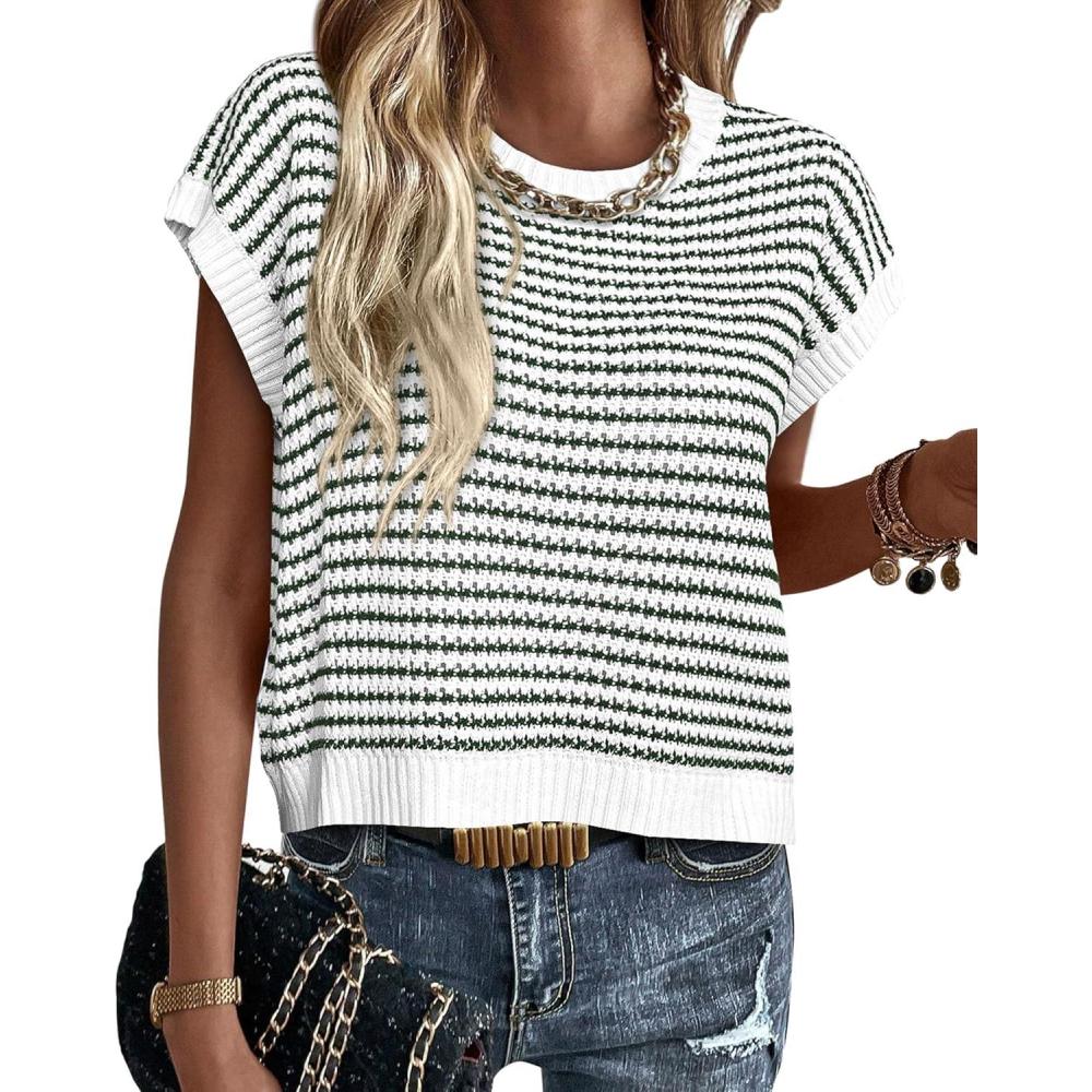 imagePRETTYGARDEN Womens Short Sleeve Sweater Spring Summer 2026 Round Neck Striped Pullover Cap Sleeve Knit Sweater Vest TopsStriped White Dark Green