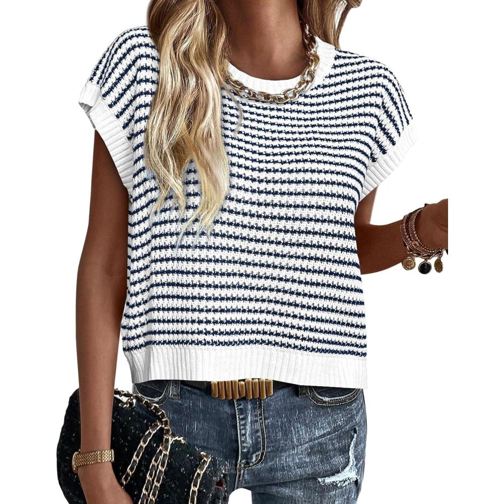 imagePRETTYGARDEN Womens Short Sleeve Sweater Spring Summer 2026 Round Neck Striped Pullover Cap Sleeve Knit Sweater Vest TopsStriped White Navy