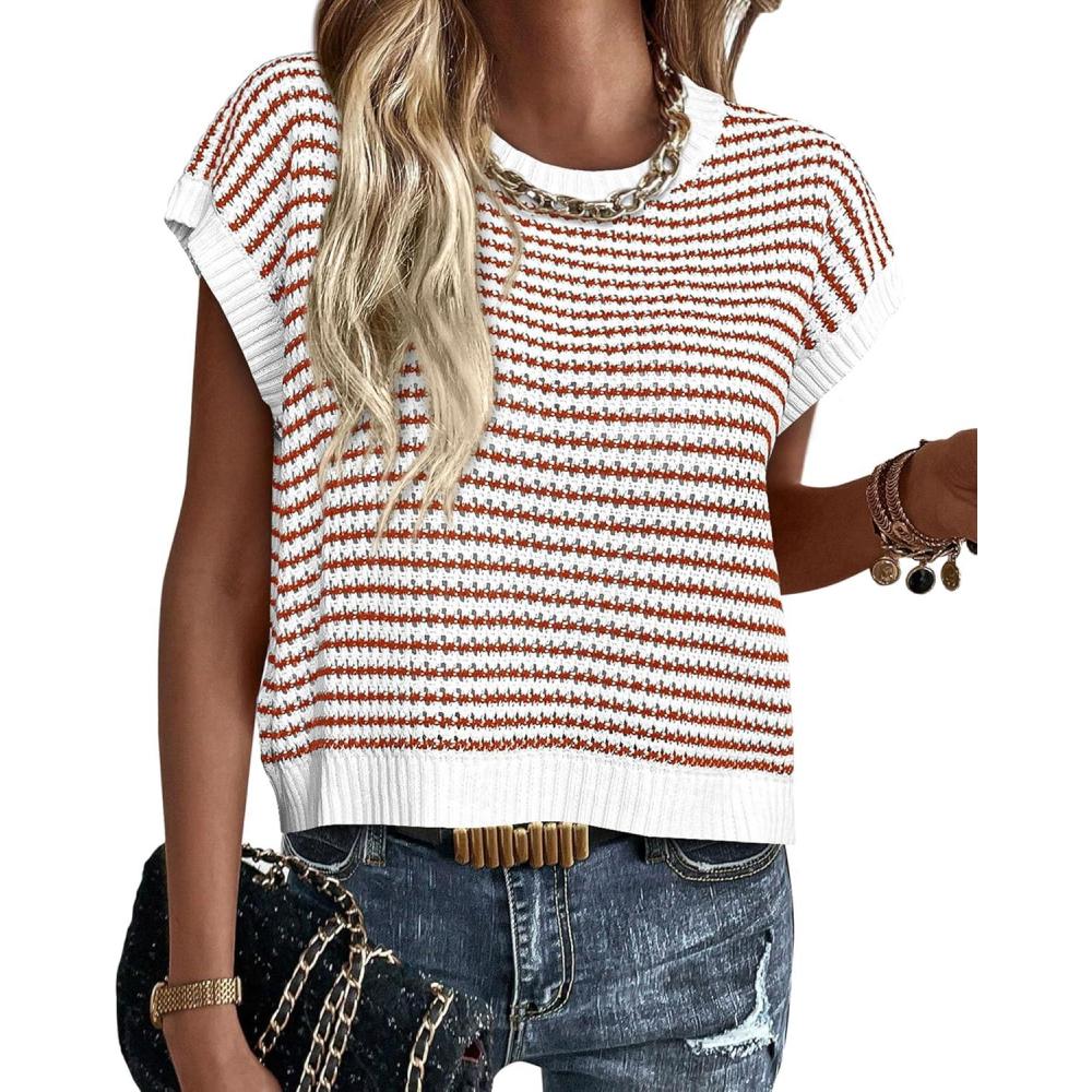 imagePRETTYGARDEN Womens Short Sleeve Sweater Spring Summer 2026 Round Neck Striped Pullover Cap Sleeve Knit Sweater Vest TopsStriped White Red