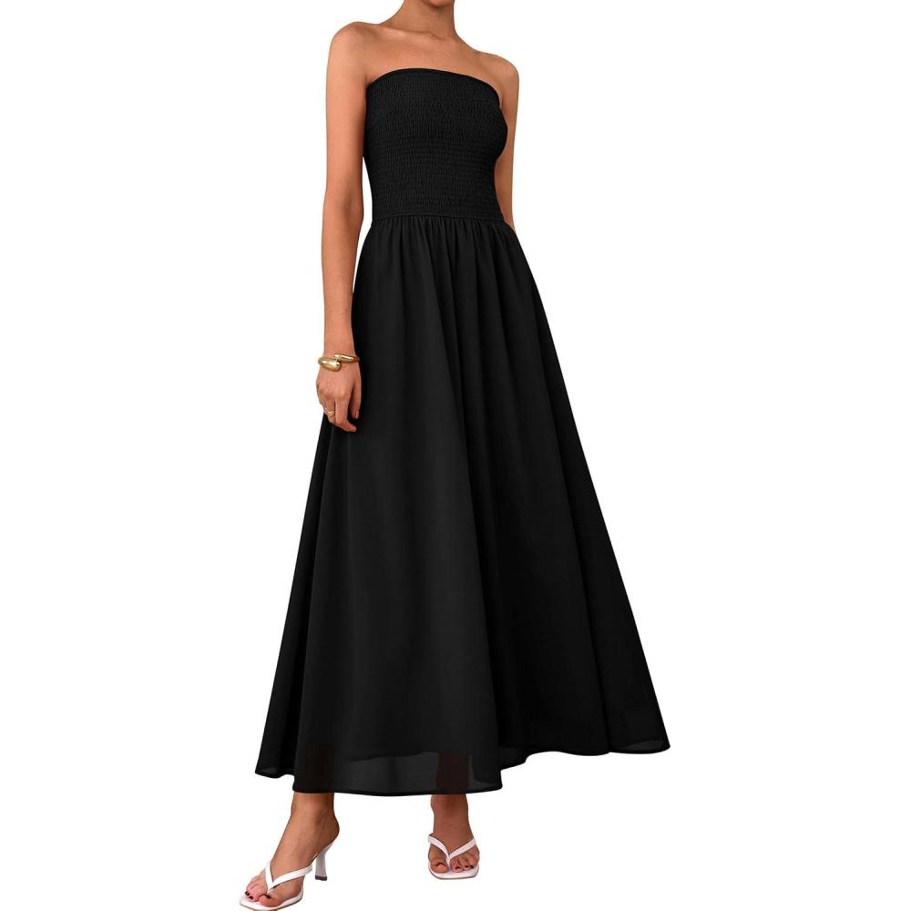 imagePRETTYGARDEN Womens Strapless Wedding Guest Maxi Dresses 2025 Summer Trendy Elegant Classy Smocked Tube Long Flowy SundressBlack