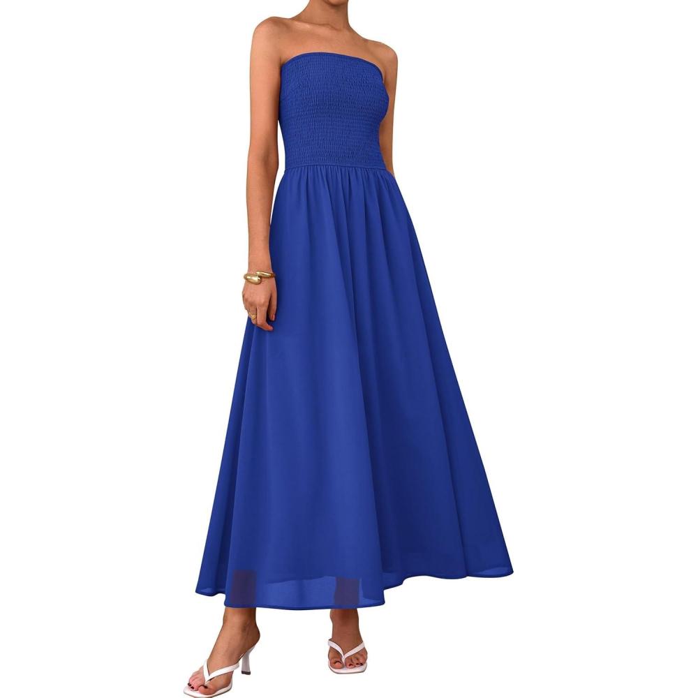 imagePRETTYGARDEN Womens Strapless Wedding Guest Maxi Dresses 2025 Summer Trendy Elegant Classy Smocked Tube Long Flowy SundressBlue