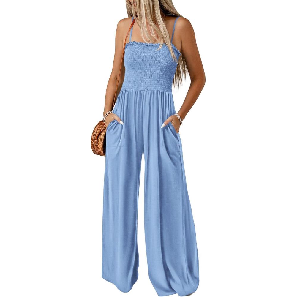 imagePRETTYGARDEN Womens Summer Jumpsuits Dressy Casual One Piece Outfits Linen Smocked Spaghetti Strap Pockets Wide Leg Rompers