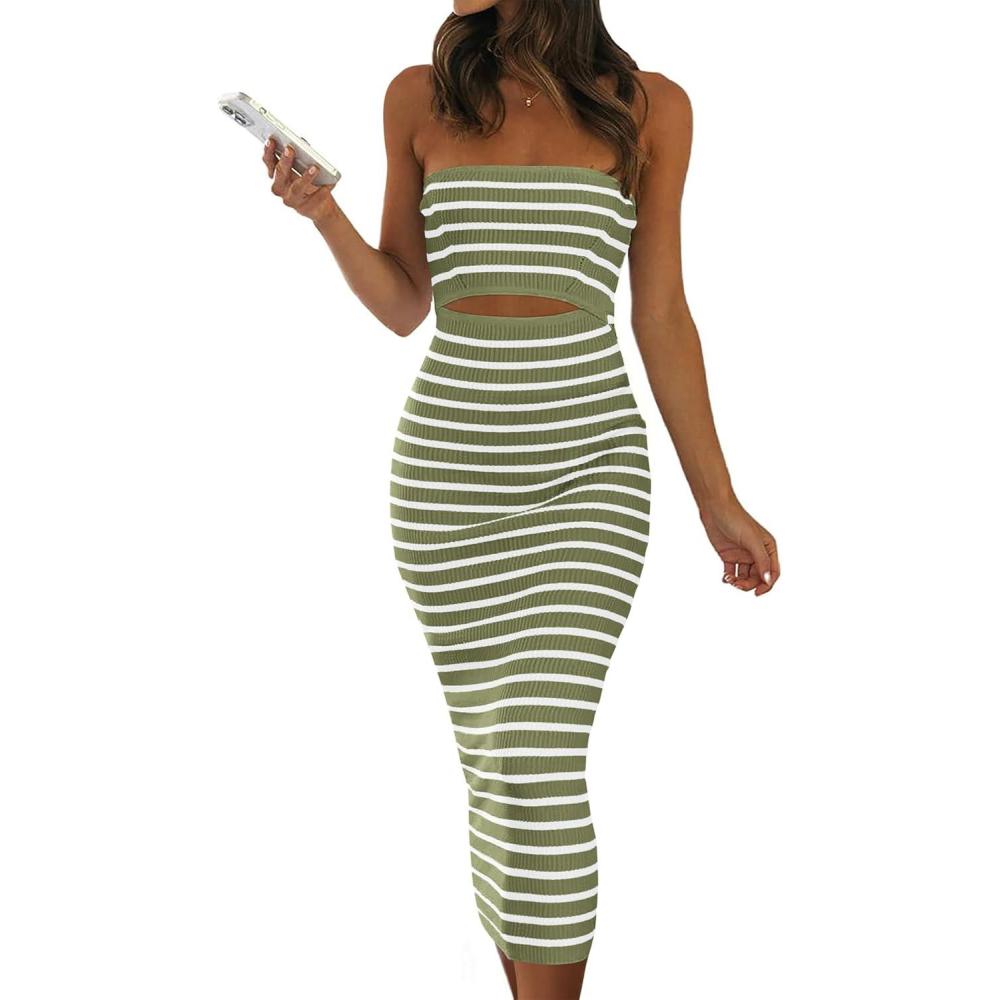 imagePRETTYGARDEN Womens Summer Midi Bodycon Dress Strapless Cut Out Knit Tube Long Fitted DressesStriped Army Green White