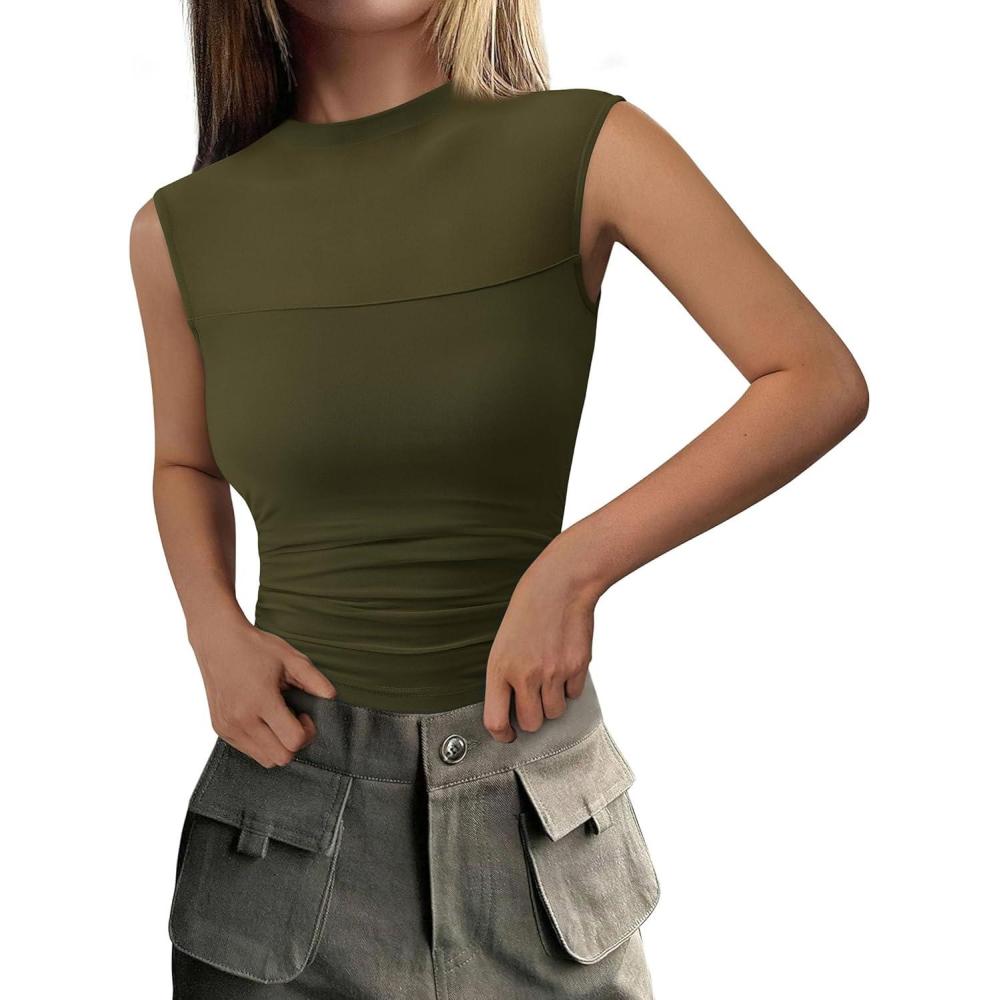 imagePRETTYGARDEN Womens Summer Sheer Mesh Tank Tops 2025 Trendy Casual Sleeveless Mock Neck Ruched Slim Fitted Going Out ShirtsArmy Green