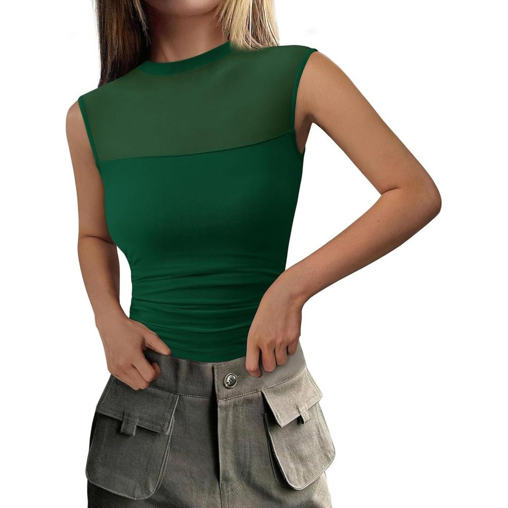 imagePRETTYGARDEN Womens Summer Sheer Mesh Tank Tops 2025 Trendy Casual Sleeveless Mock Neck Ruched Slim Fitted Going Out ShirtsDark Green