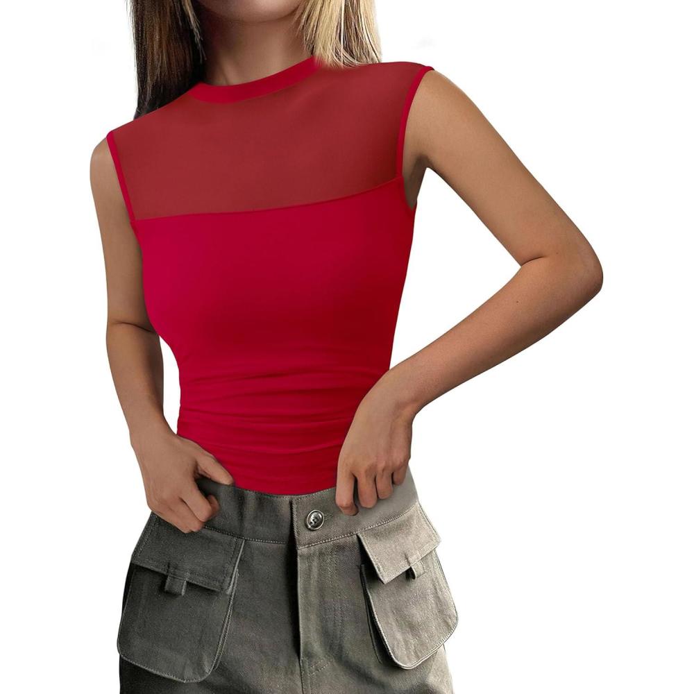 imagePRETTYGARDEN Womens Summer Sheer Mesh Tank Tops 2025 Trendy Casual Sleeveless Mock Neck Ruched Slim Fitted Going Out ShirtsRed