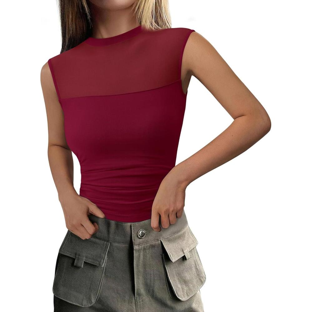 imagePRETTYGARDEN Womens Summer Sheer Mesh Tank Tops 2025 Trendy Casual Sleeveless Mock Neck Ruched Slim Fitted Going Out ShirtsWine Red