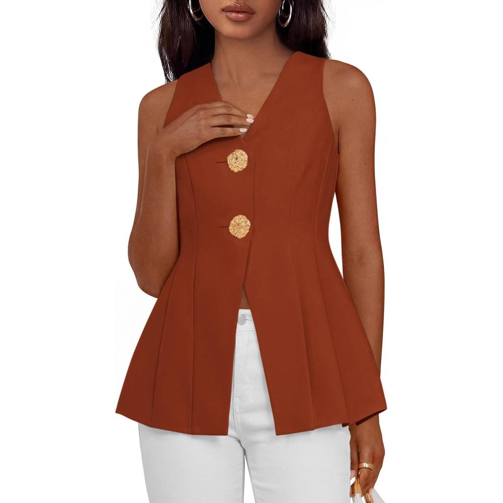 imagePRETTYGARDEN Womens Summer Sleeveless Blazer Vest Tops 2026 Trendy V Neck Button Down Business Casual Suit Vests WaistcoatBrick Red