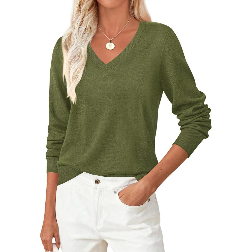 imagePRETTYGARDEN Womens V Neck Sweaters 2026 Fall Casual Long Sleeve Classic Pullover Cozy Knit Tops Loose Basic Winter ClothingArmy Green