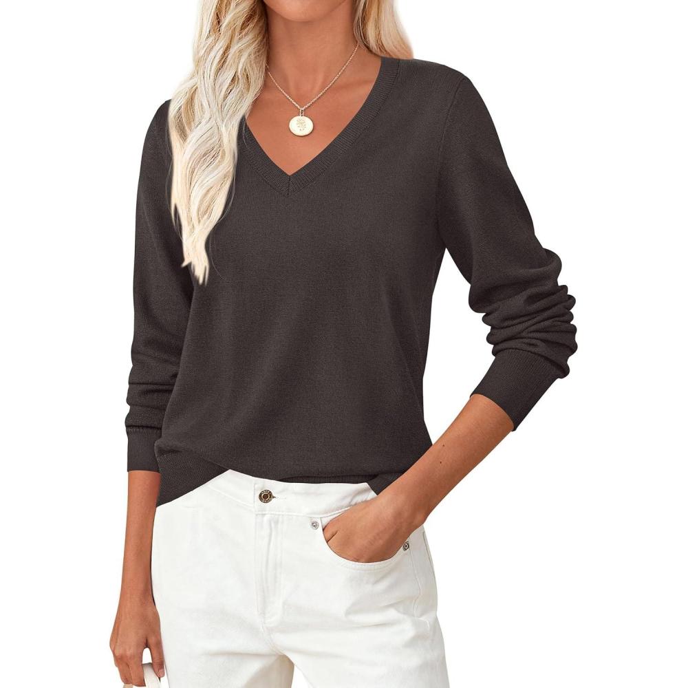 imagePRETTYGARDEN Womens V Neck Sweaters 2026 Fall Casual Long Sleeve Classic Pullover Cozy Knit Tops Loose Basic Winter ClothingCoffee