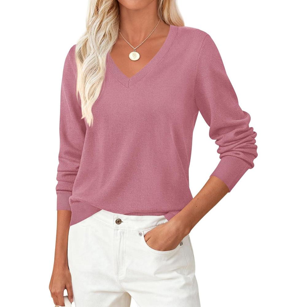 imagePRETTYGARDEN Womens V Neck Sweaters 2026 Fall Casual Long Sleeve Classic Pullover Cozy Knit Tops Loose Basic Winter ClothingCoral Pink