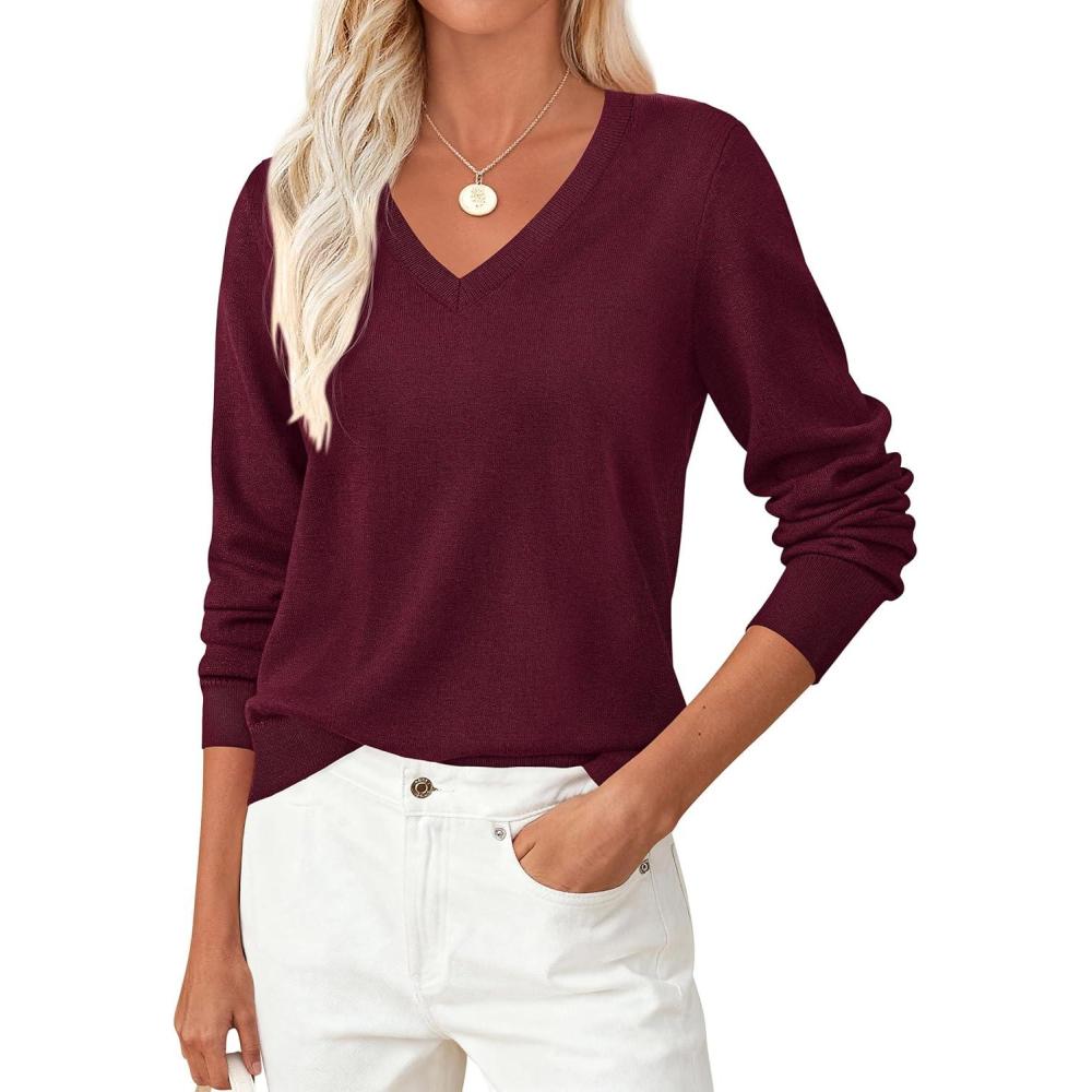 imagePRETTYGARDEN Womens V Neck Sweaters 2026 Fall Casual Long Sleeve Classic Pullover Cozy Knit Tops Loose Basic Winter ClothingDark Red