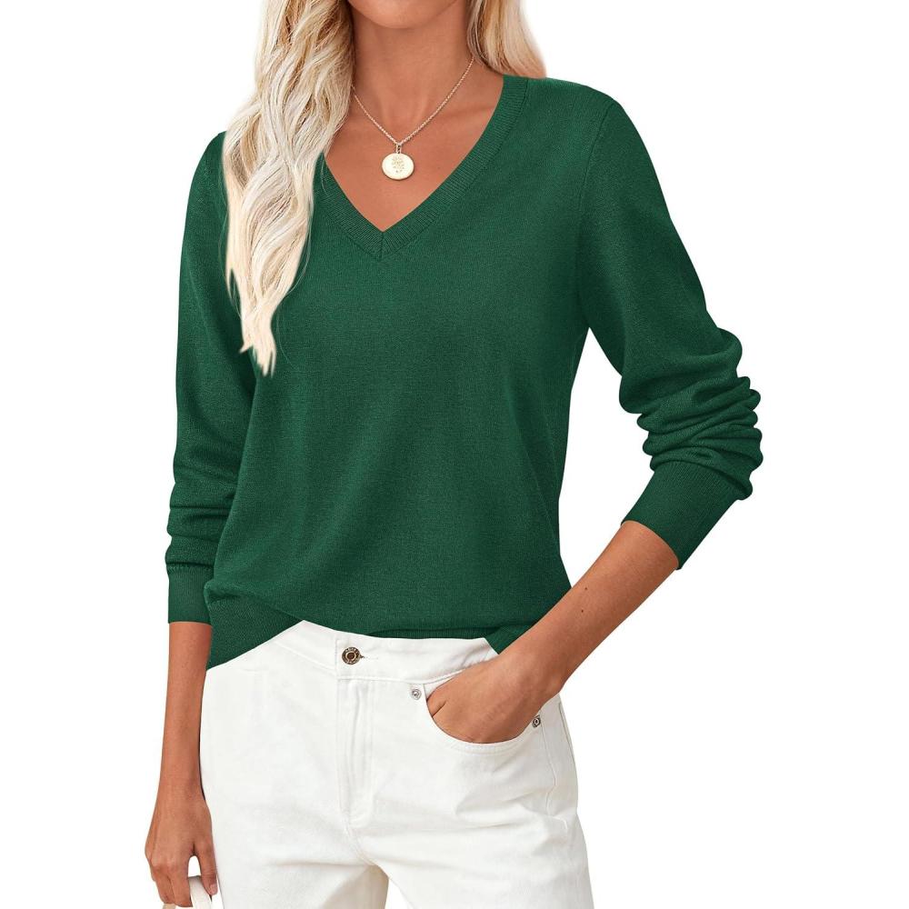 imagePRETTYGARDEN Womens V Neck Sweaters 2026 Fall Casual Long Sleeve Classic Pullover Cozy Knit Tops Loose Basic Winter ClothingGreen