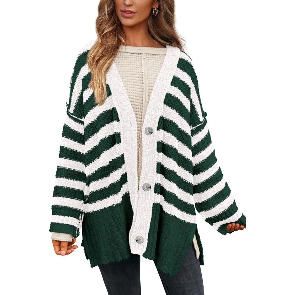 imagePRETTYGARDEN Womens Winter Striped Cardigan Sweaters Long Sleeve Button Down Open Front Chunky Knit Oversized Sweater CoatStriped Dark Green White
