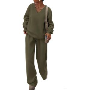 PRETTYGARDEN Casual Winter Two Piece Sets for Women 2026 V Neck Sweatshirt Loose Wide Leg Pants Tracksuit Knit Fall Outfits(Army Green)