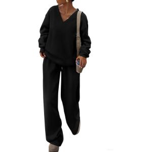 PRETTYGARDEN Casual Winter Two Piece Sets for Women 2026 V Neck Sweatshirt Loose Wide Leg Pants Tracksuit Knit Fall Outfits(Black)