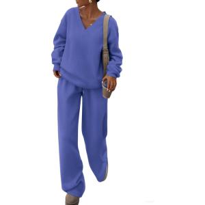 PRETTYGARDEN Casual Winter Two Piece Sets for Women 2026 V Neck Sweatshirt Loose Wide Leg Pants Tracksuit Knit Fall Outfits(Blue)