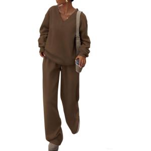 PRETTYGARDEN Casual Winter Two Piece Sets for Women 2026 V Neck Sweatshirt Loose Wide Leg Pants Tracksuit Knit Fall Outfits(Brown)