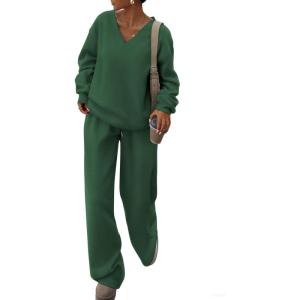 PRETTYGARDEN Casual Winter Two Piece Sets for Women 2026 V Neck Sweatshirt Loose Wide Leg Pants Tracksuit Knit Fall Outfits(Dark Green)