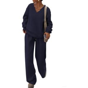 PRETTYGARDEN Casual Winter Two Piece Sets for Women 2026 V Neck Sweatshirt Loose Wide Leg Pants Tracksuit Knit Fall Outfits(Navy Blue)