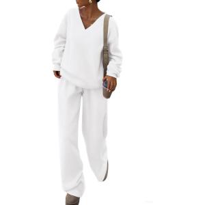 PRETTYGARDEN Casual Winter Two Piece Sets for Women 2026 V Neck Sweatshirt Loose Wide Leg Pants Tracksuit Knit Fall Outfits(White)