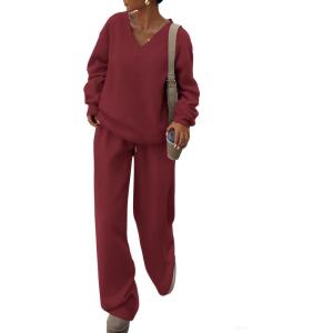 PRETTYGARDEN Casual Winter Two Piece Sets for Women 2026 V Neck Sweatshirt Loose Wide Leg Pants Tracksuit Knit Fall Outfits(Wine Red)