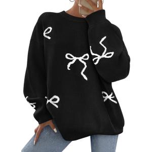 PRETTYGARDEN Fall Long Sleeve Pullover Sweaters for Women 2025 Trendy Crewneck Casual Cute Bow Chunky Knit Oversized Sweater(Black)