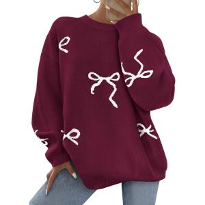 PRETTYGARDEN Fall Long Sleeve Pullover Sweaters for Women 2025 Trendy Crewneck Casual Cute Bow Chunky Knit Oversized Sweater(Wine Red)