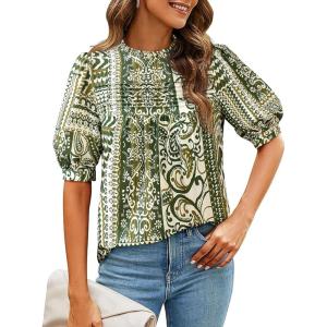 PRETTYGARDEN Floral Tops for Women Blouses Dressy Casual 2026 Summer Trendy Outfits Boho Pleated Short Sleeve Shirts(Floral Army Green)